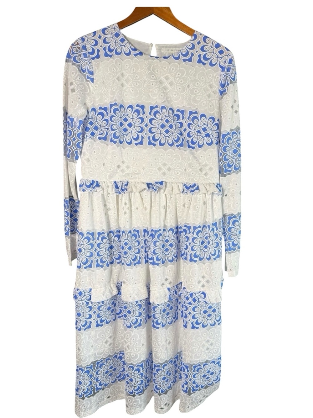 Endless Rose embroidered eyelet midi dress blue white boho tiered size M - Picture 3 of 5